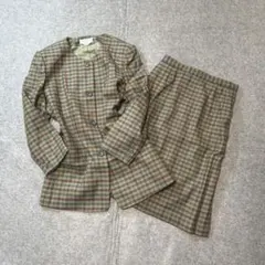 昭和レトロ バブリースーツ ノーカラー ウール100% チェック柄 セットアップ