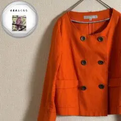 レディース　オレンジ　ノーカラー　ジャケット　ダブル　古着