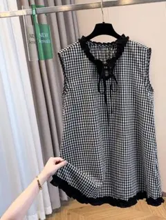 早い者勝ち モノクロ チェック デートワンピース ノースリーブ 綺麗め 切り替