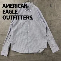 アメリカンイーグル 長袖シャツ L ストライプ柄 綿100 青白【6938】