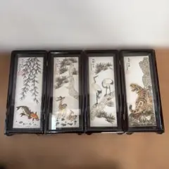 中国 置き型 小屏風 卓上屏風 4連パネル 屏風 縁起物 置物