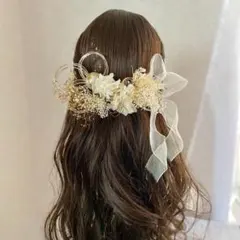 和玉とロングリボンのドライフラワー髪飾り　金箔　水引付　卒業式　袴　結婚式　白