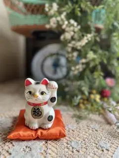 大正レトロ】骨董 磁器製 招き猫 古瀬戸型 戦前 民芸 縁起物(約9cm