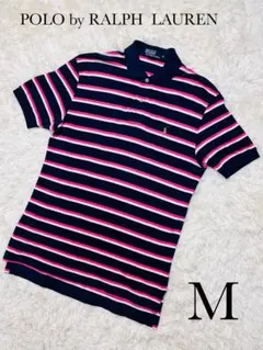希少カラー ポロラルフローレン ボーダー柄ポロシャツ 半袖 紺×桃×白 M