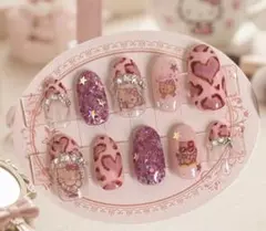 ハローキティ ピンク キラキラ ちゅるんネイル ヒョウ柄 ワンホン ネイルチップ