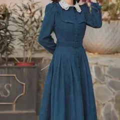 未使用　レース　襟　ブルー　ロングワンピース　コーデュロイ　レトロ　クラシック