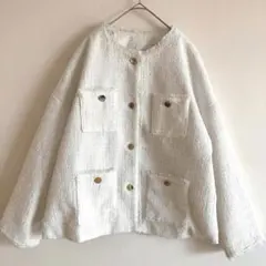 purelast ツイードノーカラー　フリンジ　ジャケット　金ボタン　入学式