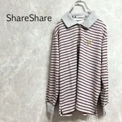 a0079【USED】長袖ポロシャツ トップス M グレー 赤 ストライプ 刺繍