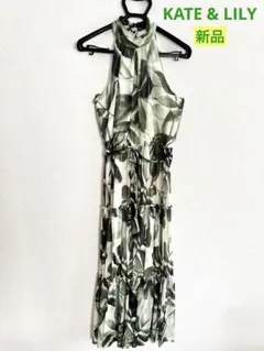 新品タグ付 リーフ柄 ノースリーブ ロングワンピース エレガント L