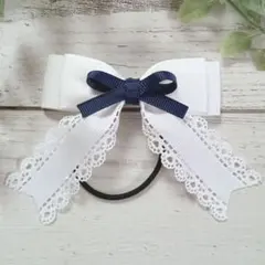 ホワイトレースミニリボン　グログランリボン　キッズヘアゴム　ハンドメイド　MEI
