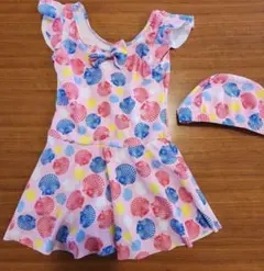 サイズ110 女の子向けワンピース水着と帽子セット ピンク