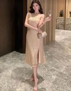 美品◆パーティ撮影カラー◆ピンクゴールド＋ベージュ+総スパンドレス◆ワンショル