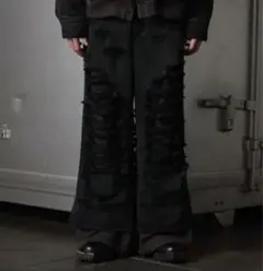 〈GRANCY〉スウェットドッキングデザインダメージ バギーデニム パンツ