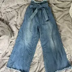 デニムブルー ワイドレッグパンツ ウエストリボン