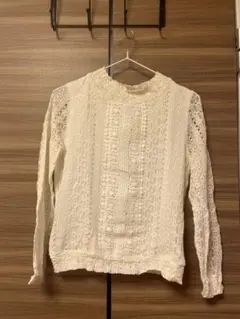 アイボリー レース フリルネック 長袖シャツ