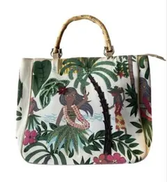 ハワイアン柄 トートバッグ バンブーハンドル ビーズ装飾 夏バッグ