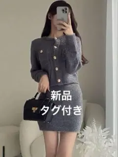 ラメフェザーニットカーディガン×ミニスカートセットアップ　kz617 新品タグ付