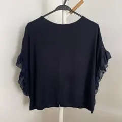 ZARA BASIC フリル袖 半袖ブラウス ネイビー Mサイズのサムネイル