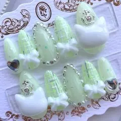 ネイルチップ 量産型 地雷 サブカル 天使界隈 緑 白 猫 リボン ハート