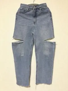 レディース♡サイドカット♡ワイドデニム♡ライトブルー