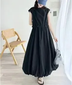 401　大人可愛い　ロングワンピース　フレンチスリーブ　バルーンワンピース　韓国のサムネイル