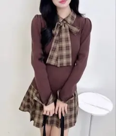 INGNI チェック柄ボウタイシャツドッキングニットワンピース M