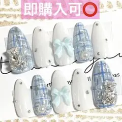 ネイルチップ現品オーダー量産型フレンチガーリー韓国ワンホンツイード白水色スナ系青