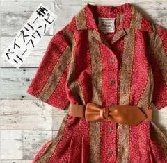 昭和レトロペイズリー柄ロングワンピース透け素材ストライプリーフ柄レッド古着、W1