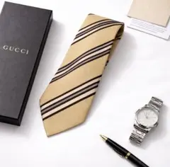 GUCCI グッチネクタイ 厚手 高級シルク ベージュ ストライプ上品ビジネス