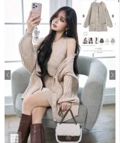 ニットカーディガン×ノースリーブミニワンピースセットアップ[ru1315]