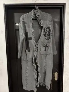 フリンジ付きグレー長袖カーディガン