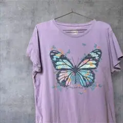 【古着】蝶のプリントTシャツ ラベンダー　Lサイズ