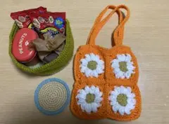 【ハンドメイド3点セット】花モチーフオレンジトートバッグ、コースター、小物入れ