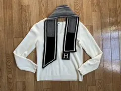 Hロゴ ニット マフラー タイスカーフ モノトーン ブラック ホワイト