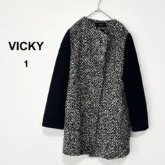 美品✨ビッキー ノーカラーコート 黒白 柄 きれいめ 上品 アンゴラ混 1のサムネイル