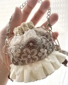 ハンドメイド バッグチャーム44インド刺繍ポーチ巾着花柄フリルカゴ