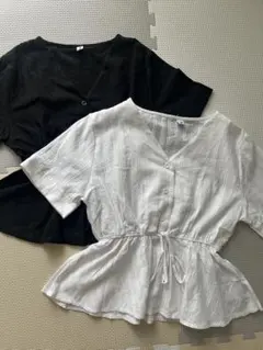 2枚セット　ペプラム ウエストリボン Vネック 半袖シャツ ブラック&ホワイト