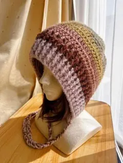 手編みボンネット　ハンドメイド　バラクラバ　ニット帽 ビーニー　防寒