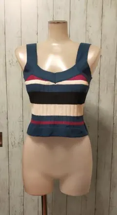 美品◆チル 丈の短いボーダーキャミソール 青 FREE