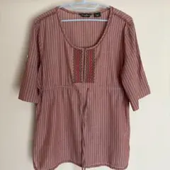 赤系ストライプ刺繍ブラウス 半袖