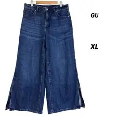 キレイめ/GU/ジーユー/ワイドデニムパンツ/サイドスリット/ダークブルー/XL