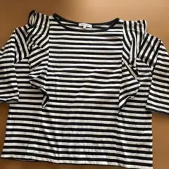 グローバルワーク　フリル付き黒白ストライプ五分袖トップス