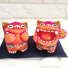 【新品・匿名配送】米子焼 シーサ さにしゃん ペア沖縄 置物 魔除け 運気アップのサムネイル