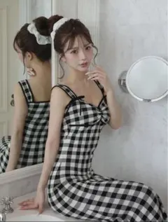 ダーリッチ　ギンガムジャガードニットロングワンピース