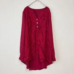 長袖トップス レディース 赤 バーガンディ Vネック レース 丈長め