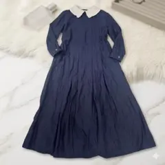 45R 粟サテンのタックドレス 刺繍付け襟 インディゴ染め ワンピース 