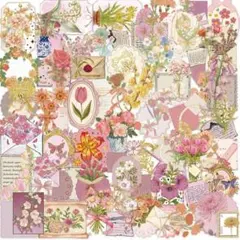 【U12】シール 50枚 PET ステッカー 花 手紙 箔押し コラージュ素材