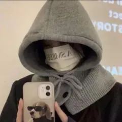 新品 韓国 フード ニット ネックウォーマー バラクラバ 防寒 グレー A