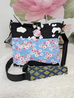 ハンドメイド ショルダーバッグ 和柄 桜 牛柄のサムネイル