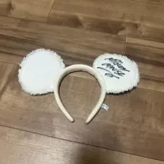 ミニーマウス 耳付きデニムカチューシャ ホワイト ミッキー ミニーサイン入り